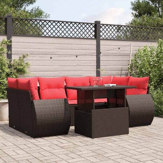 7-teiliges Gartensofa-Set mit Kissen, schwarzes Polyrattan