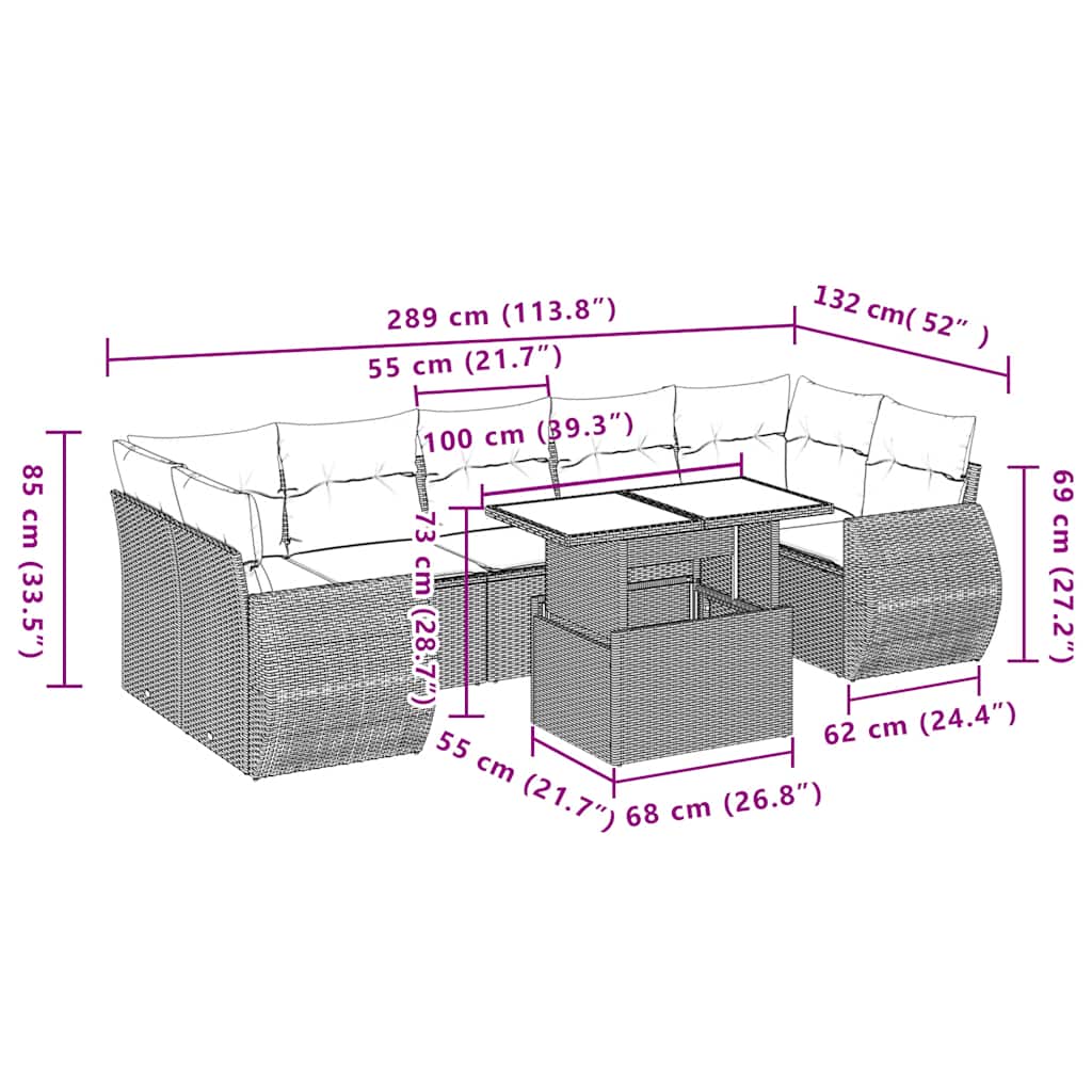 8-teiliges Gartensofa-Set mit Kissen, schwarzes Polyrattan