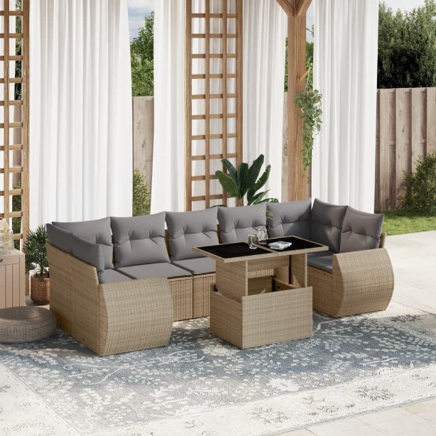 8-tlg. Garten-Sofagarnitur mit Kissen Schwarz Poly Rattan