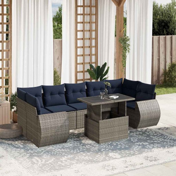 8-teiliges Gartensofa-Set mit Kissen, schwarzes Polyrattan
