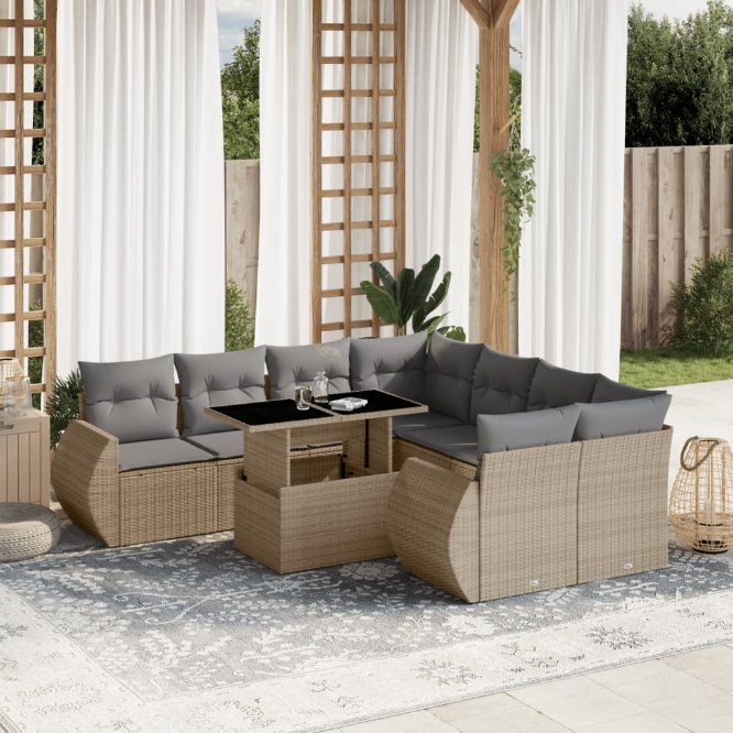 9-tlg. Garten-Sofagarnitur mit Kissen Schwarz Poly Rattan
