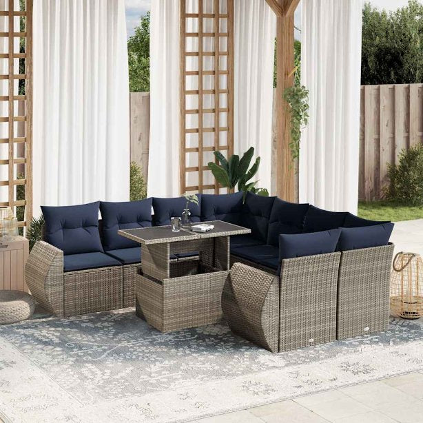 9-teiliges Gartensofa-Set mit Kissen, schwarzes Polyrattan