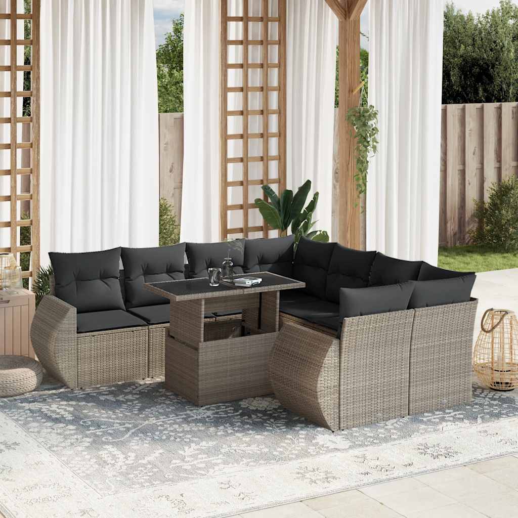 9-tlg. Garten-Sofagarnitur mit Kissen Schwarz Poly Rattan