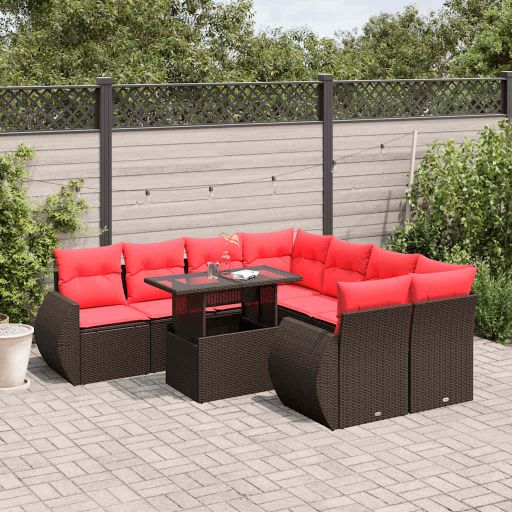 9-teiliges Gartensofa-Set mit Kissen, schwarzes Polyrattan