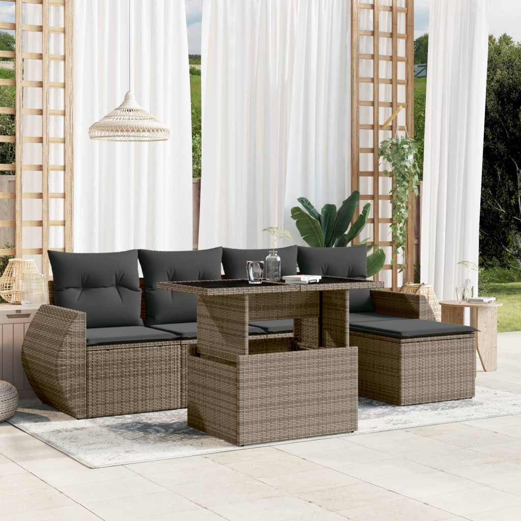 6-tlg. Garten-Sofagarnitur mit Kissen Schwarz Poly Rattan