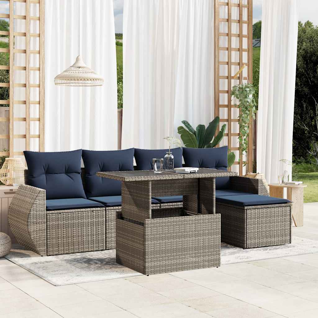 6-teiliges Gartensofa-Set mit Kissen, schwarzes Polyrattan