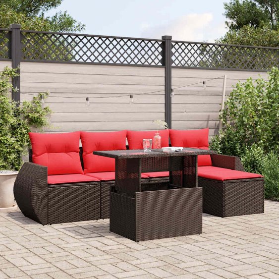 6-teiliges Gartensofa-Set mit Kissen, schwarzes Polyrattan