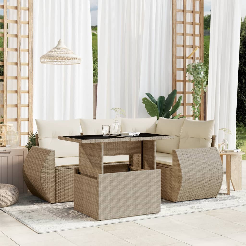 5-tlg. Garten-Sofagarnitur mit Kissen Schwarz Poly Rattan