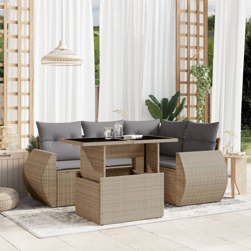 5-tlg. Garten-Sofagarnitur mit Kissen Schwarz Poly Rattan