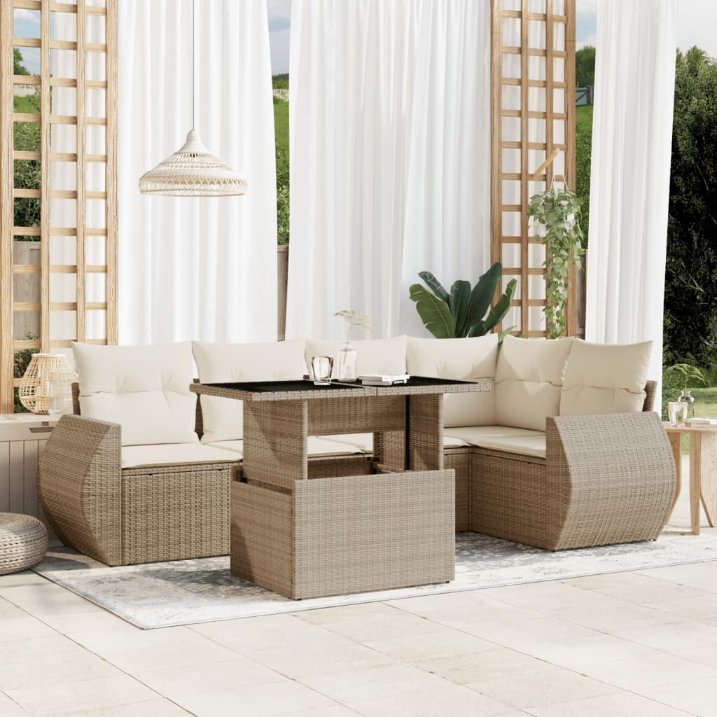 6-tlg. Garten-Sofagarnitur mit Kissen Schwarz Poly Rattan