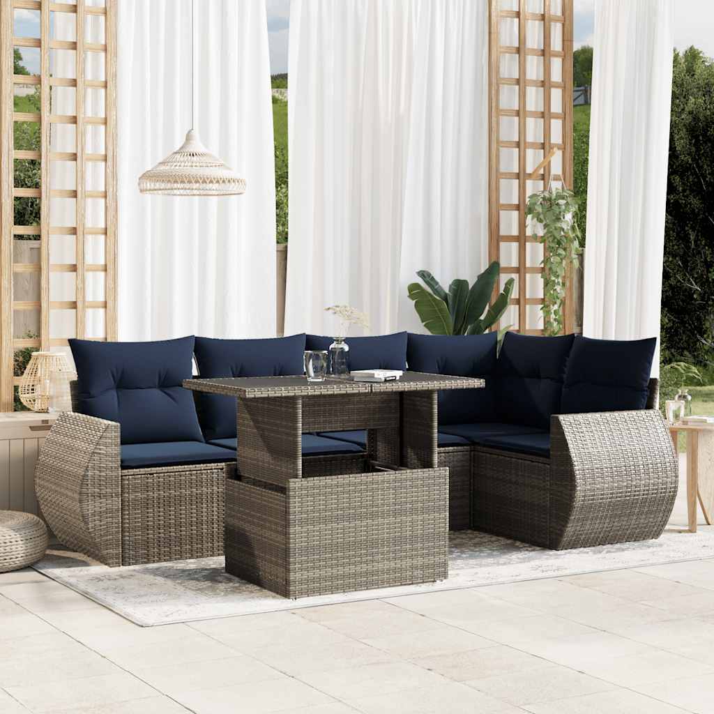 6-teiliges Gartensofa-Set mit Kissen, schwarzes Polyrattan