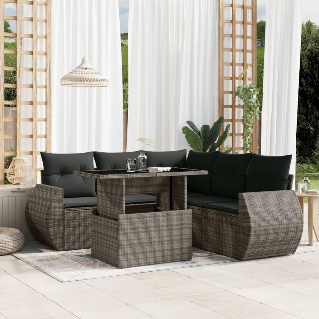 6-tlg. Garten-Sofagarnitur mit Kissen Schwarz Poly Rattan