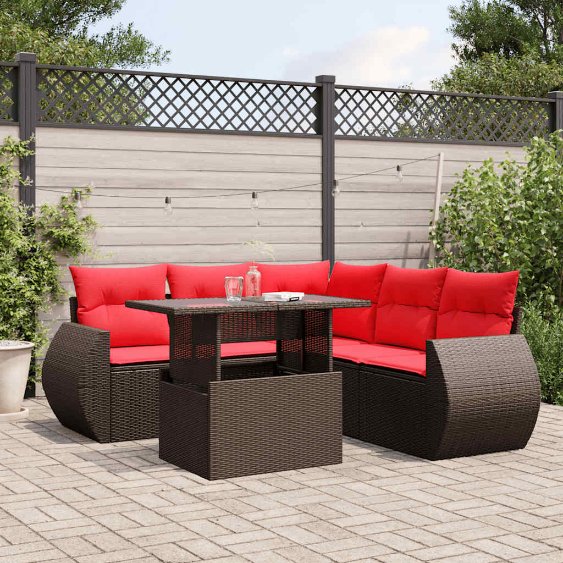 6-teiliges Gartensofa-Set mit Kissen, schwarzes Polyrattan