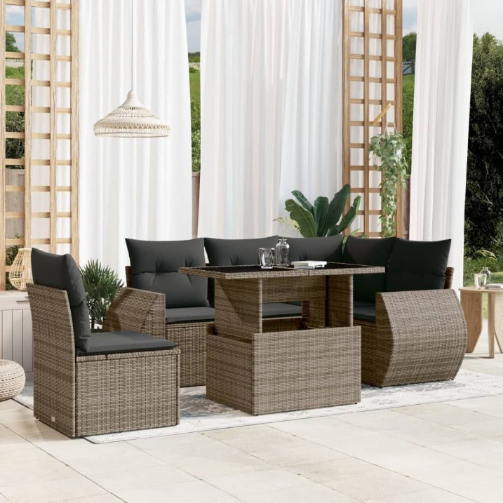 6-tlg. Garten-Sofagarnitur mit Kissen Schwarz Poly Rattan