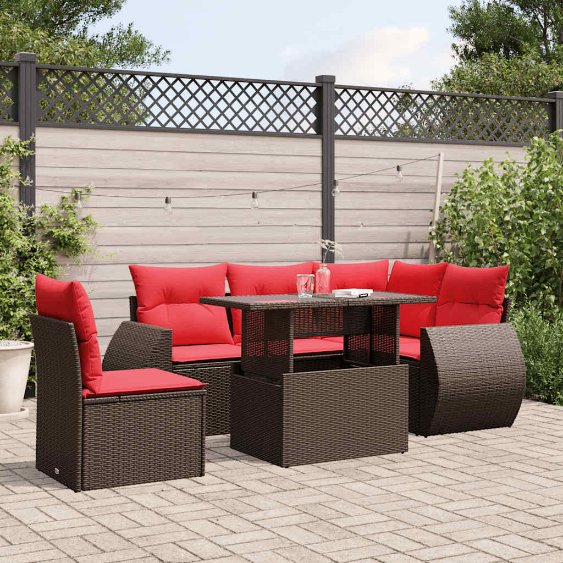 6-teiliges Gartensofa-Set mit Kissen, schwarzes Polyrattan