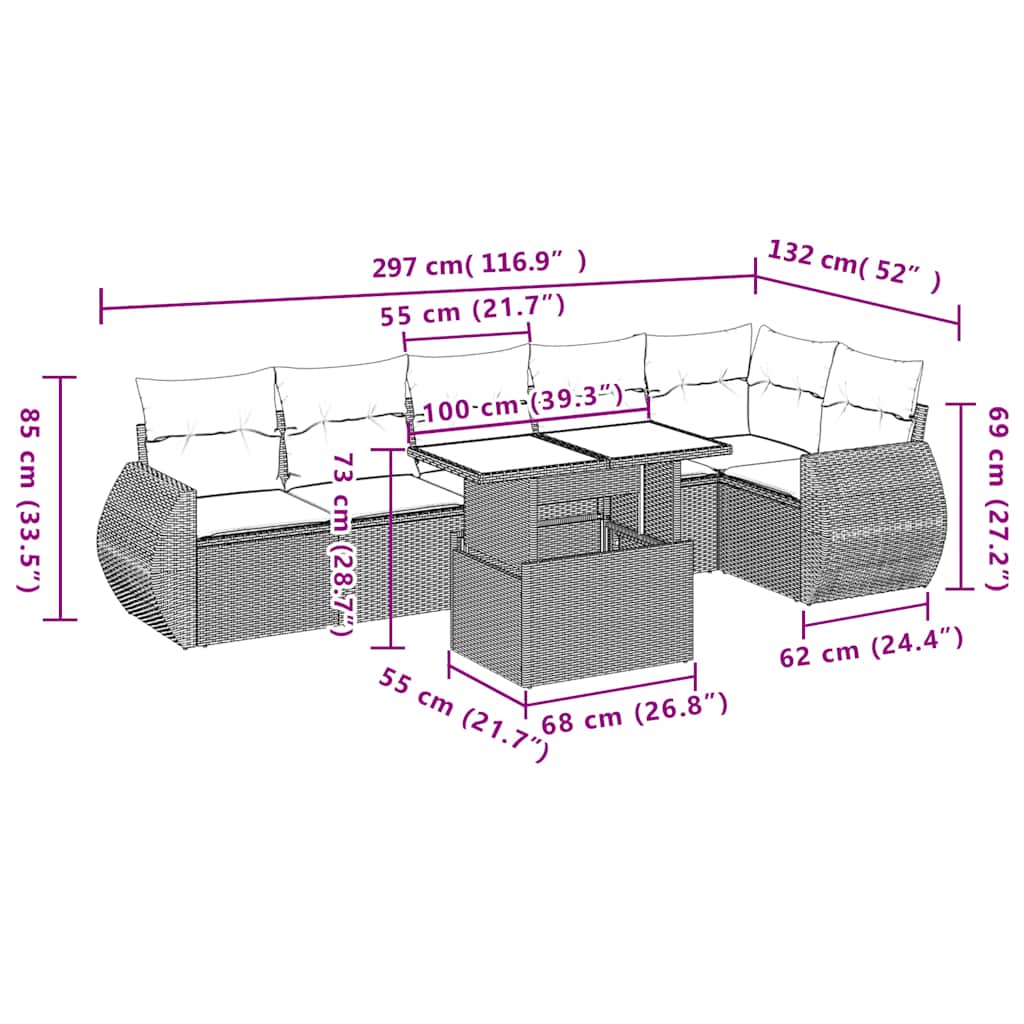 7-teiliges Gartensofa-Set mit Kissen, schwarzes Polyrattan