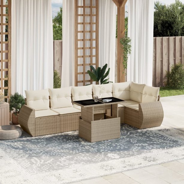 7-tlg. Garten-Sofagarnitur mit Kissen Schwarz Poly Rattan