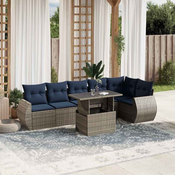 7-teiliges Gartensofa-Set mit Kissen, schwarzes Polyrattan