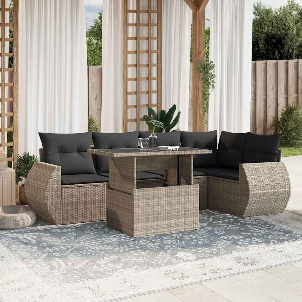 7-tlg. Garten-Sofagarnitur mit Kissen Schwarz Poly Rattan