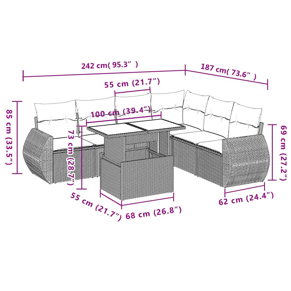 7-tlg. Garten-Sofagarnitur mit Kissen Schwarz Poly Rattan