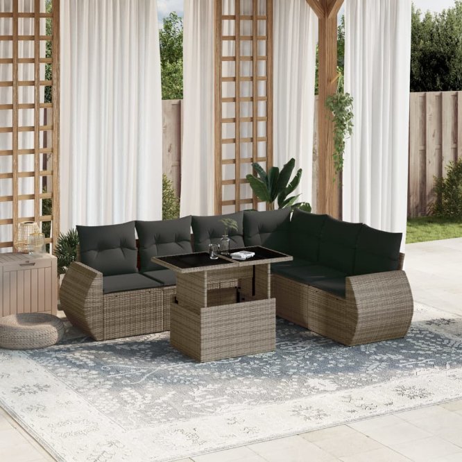 7-tlg. Garten-Sofagarnitur mit Kissen Schwarz Poly Rattan