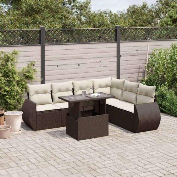 7-tlg. Garten-Sofagarnitur mit Kissen Schwarz Poly Rattan