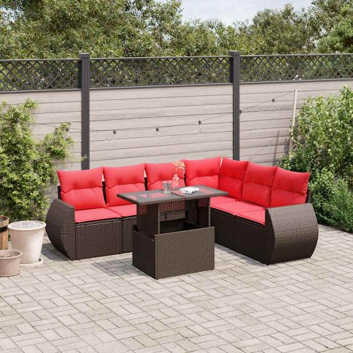 7-teiliges Gartensofa-Set mit Kissen, schwarzes Polyrattan