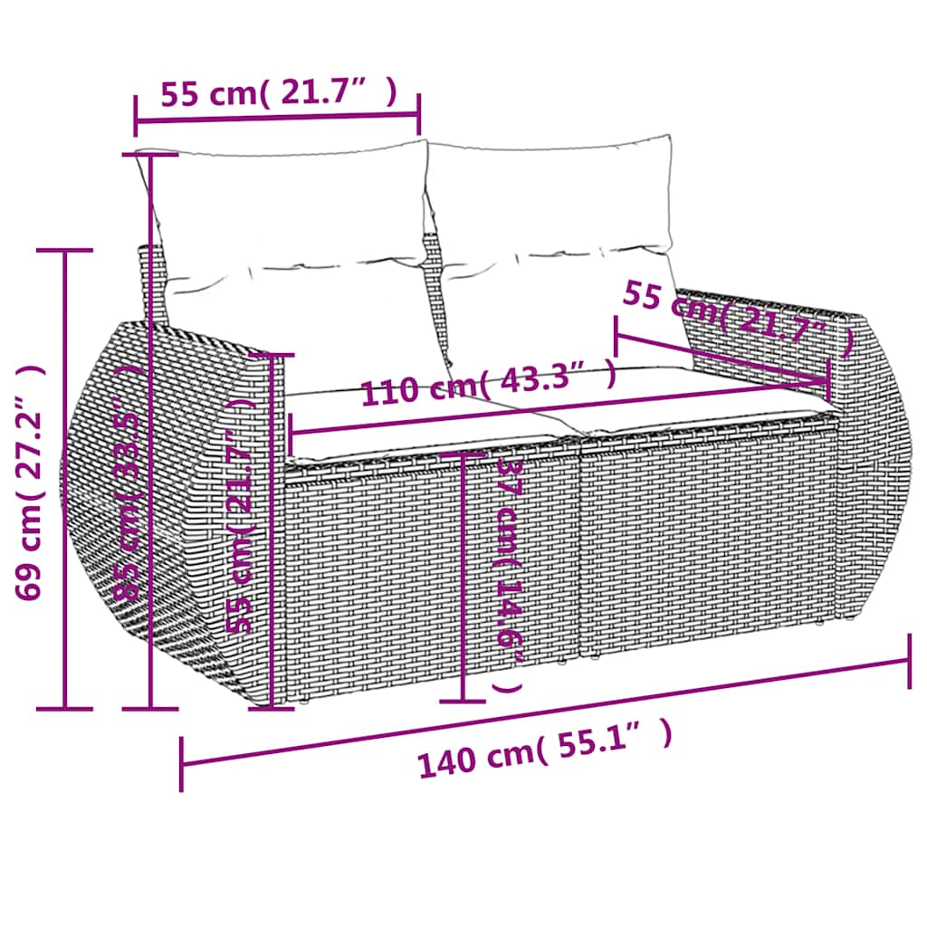 7-teiliges Gartensofa-Set mit Kissen, schwarzes Polyrattan