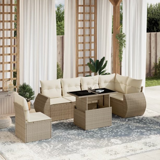 7-tlg. Garten-Sofagarnitur mit Kissen Schwarz Poly Rattan