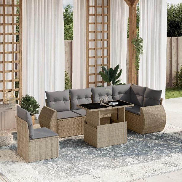 7-tlg. Garten-Sofagarnitur mit Kissen Schwarz Poly Rattan