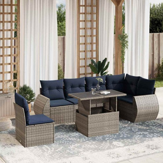7-teiliges Gartensofa-Set mit Kissen, schwarzes Polyrattan