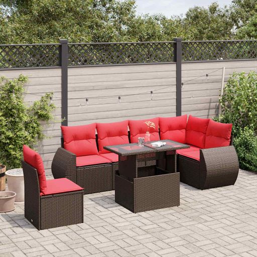 7-teiliges Gartensofa-Set mit Kissen, schwarzes Polyrattan