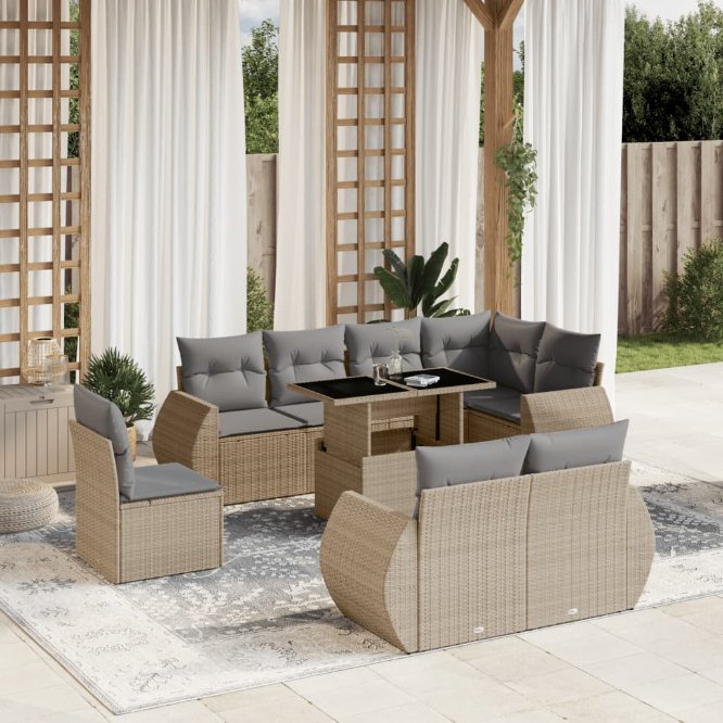 9-tlg. Garten-Sofagarnitur mit Kissen Schwarz Poly Rattan