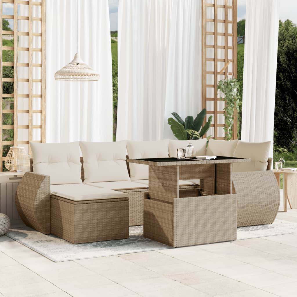 7-tlg. Garten-Sofagarnitur mit Kissen Schwarz Poly Rattan