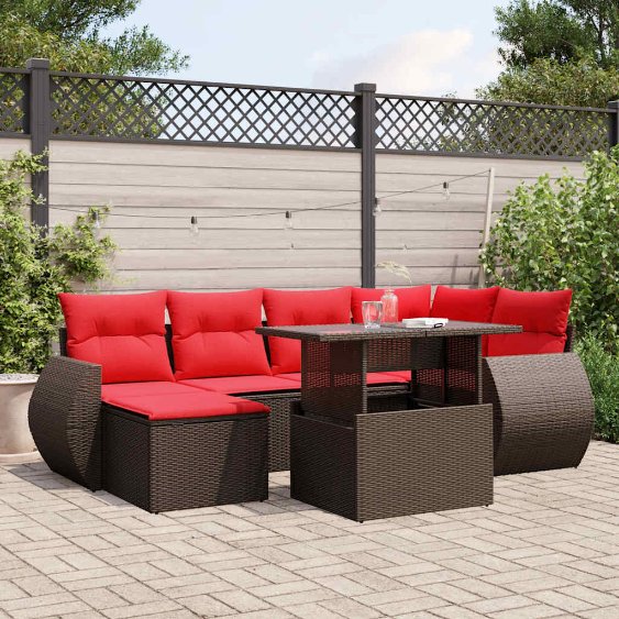 7-teiliges Gartensofa-Set mit Kissen, schwarzes Polyrattan