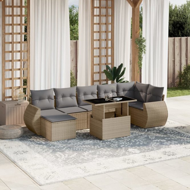 8-tlg. Garten-Sofagarnitur mit Kissen Schwarz Poly Rattan