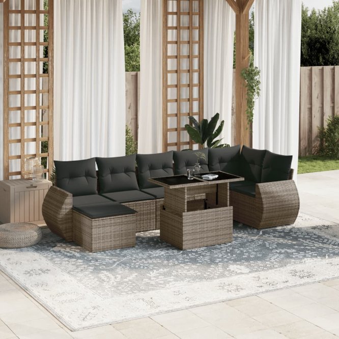 8-tlg. Garten-Sofagarnitur mit Kissen Schwarz Poly Rattan