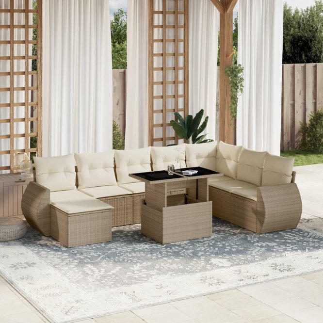 9-tlg. Garten-Sofagarnitur mit Kissen Schwarz Poly Rattan
