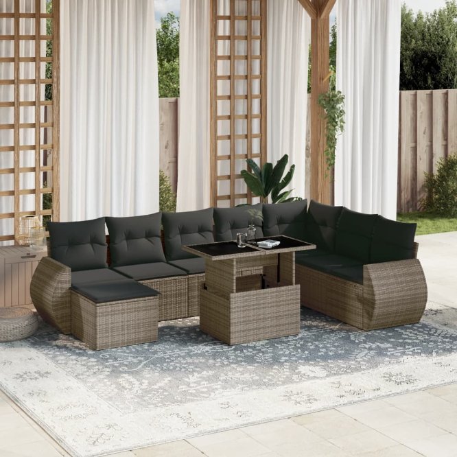 9-tlg. Garten-Sofagarnitur mit Kissen Schwarz Poly Rattan