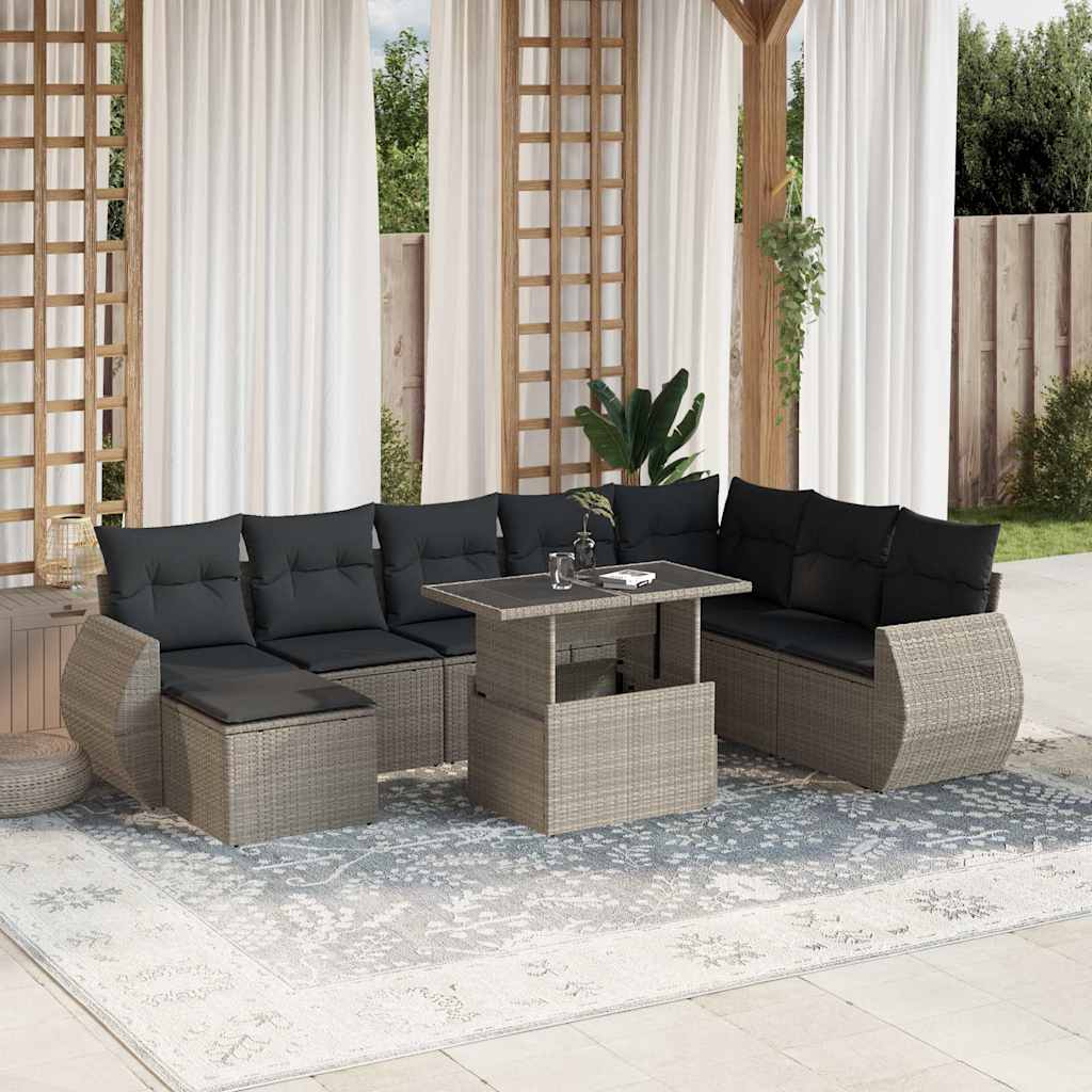 9-tlg. Garten-Sofagarnitur mit Kissen Schwarz Poly Rattan