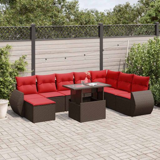 9-teiliges Gartensofa-Set mit Kissen, schwarzes Polyrattan