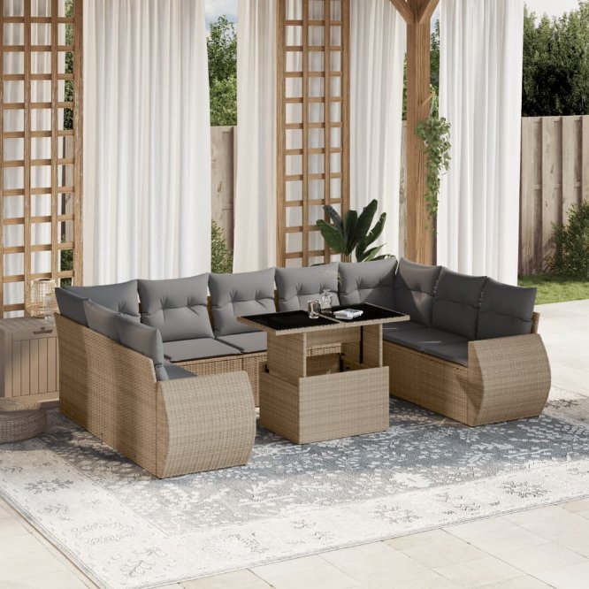 vidaXL 10-tlg. Garten-Sofagarnitur mit Kissen Schwarz Poly Rattan