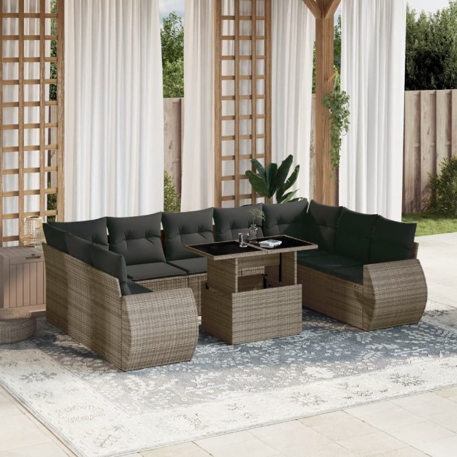 vidaXL 10-tlg. Garten-Sofagarnitur mit Kissen Schwarz Poly Rattan