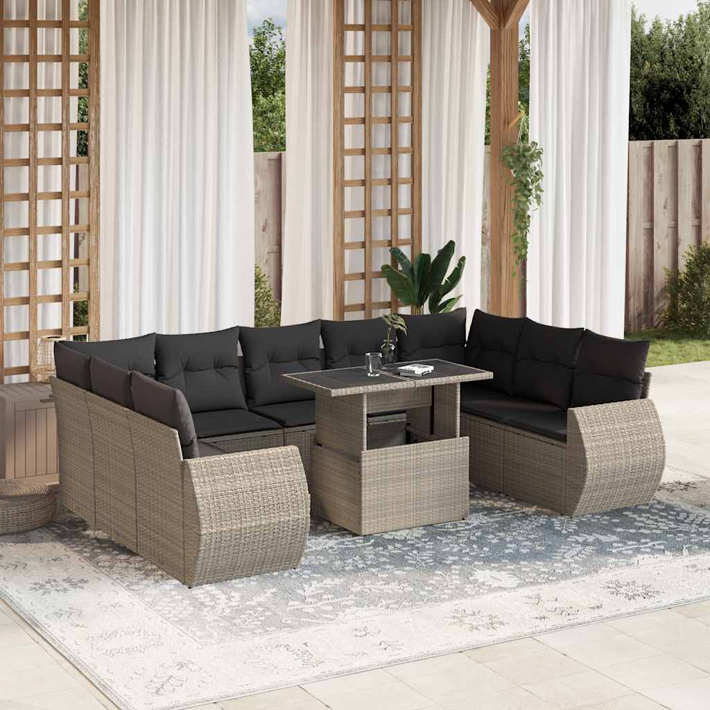 vidaXL 10-tlg. Garten-Sofagarnitur mit Kissen Schwarz Poly Rattan