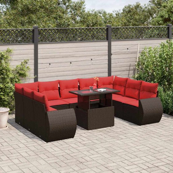 vidaXL 10-teiliges Gartensofa-Set mit Kissen, schwarzes Polyrattan