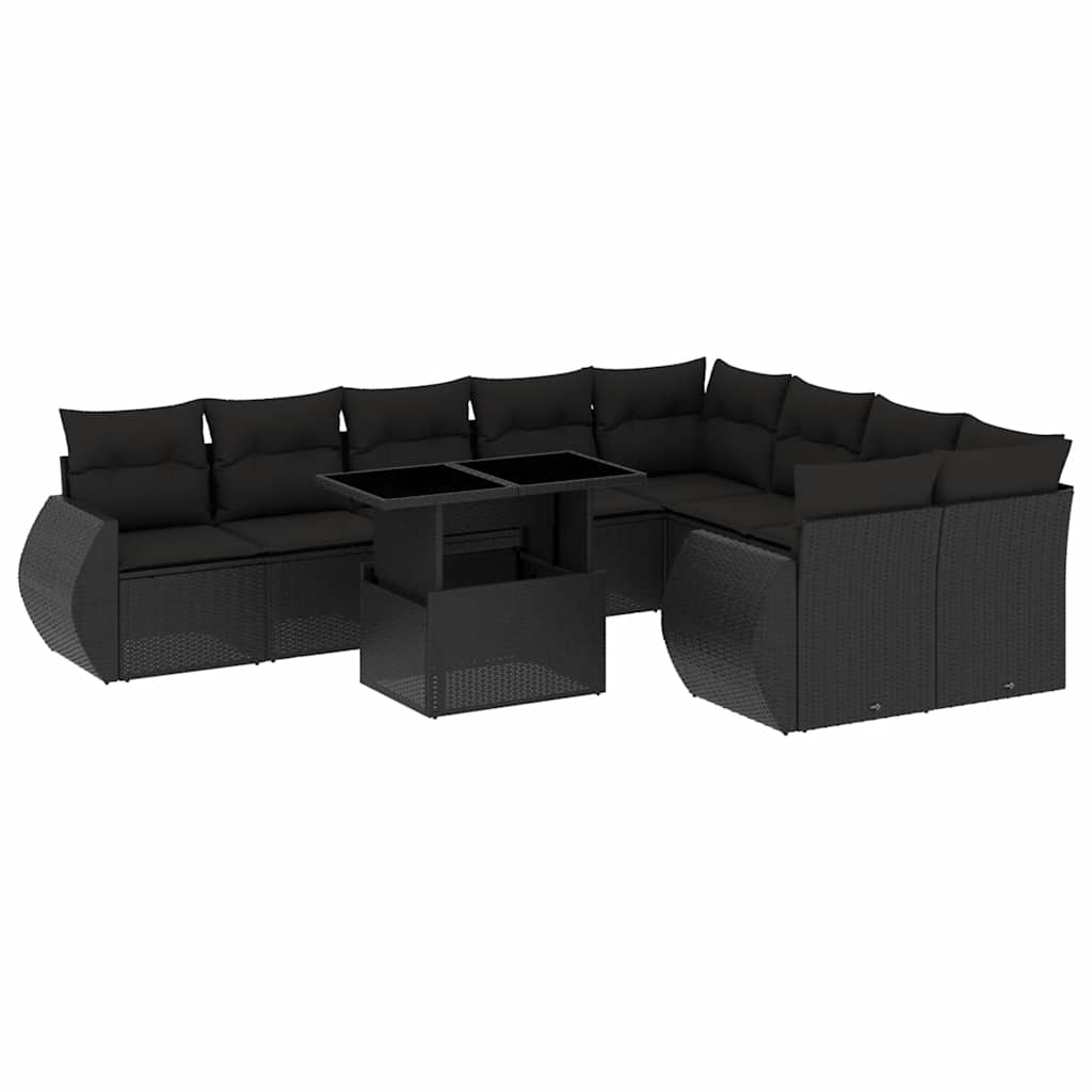 vidaXL 10-tlg. Garten-Sofagarnitur mit Kissen Schwarz Poly Rattan