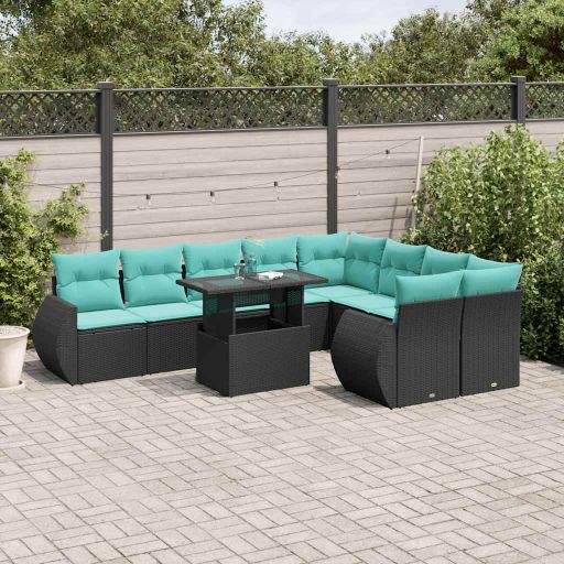 vidaXL 10-teiliges Gartensofa-Set mit Kissen, schwarzes Polyrattan