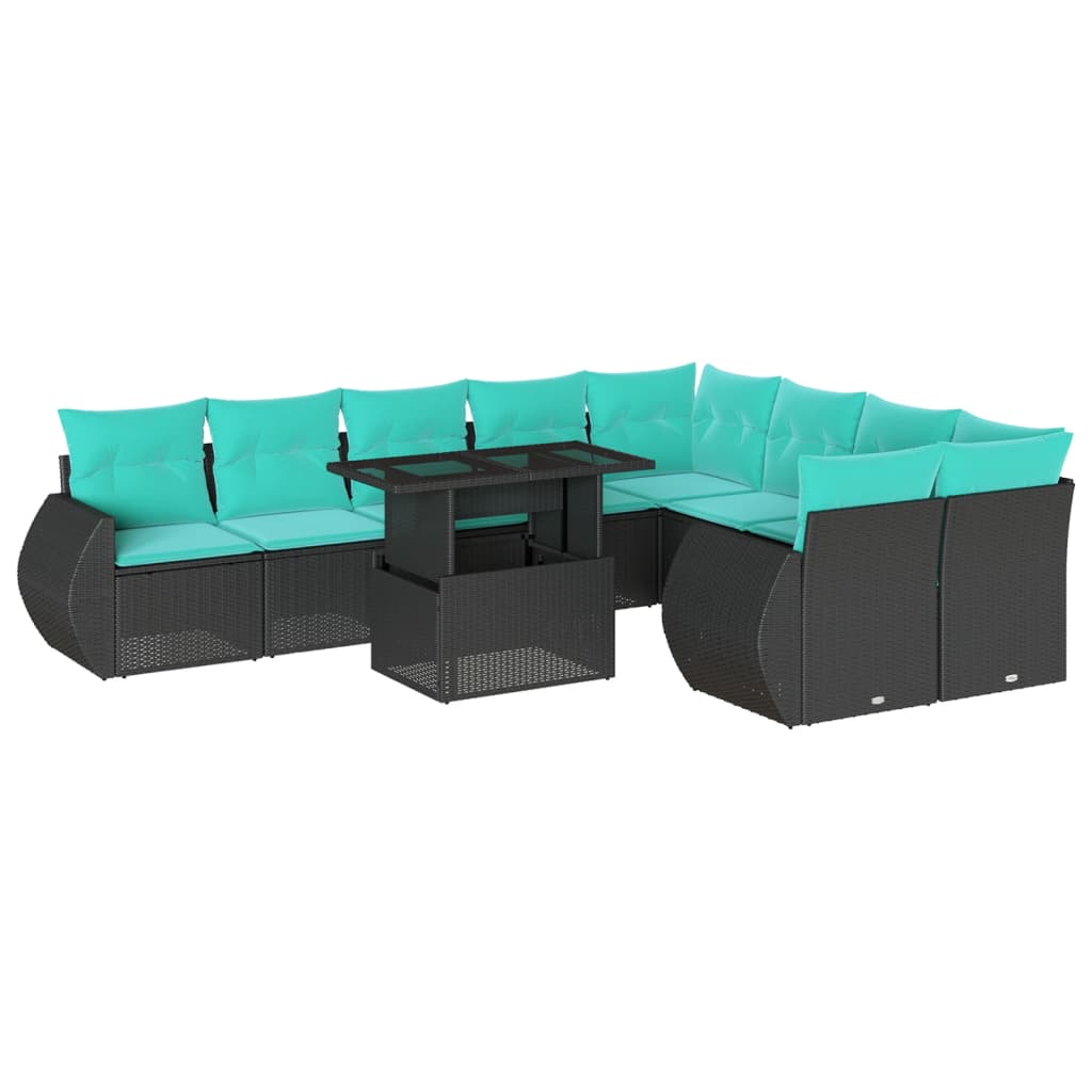 vidaXL 10-teiliges Gartensofa-Set mit Kissen, schwarzes Polyrattan