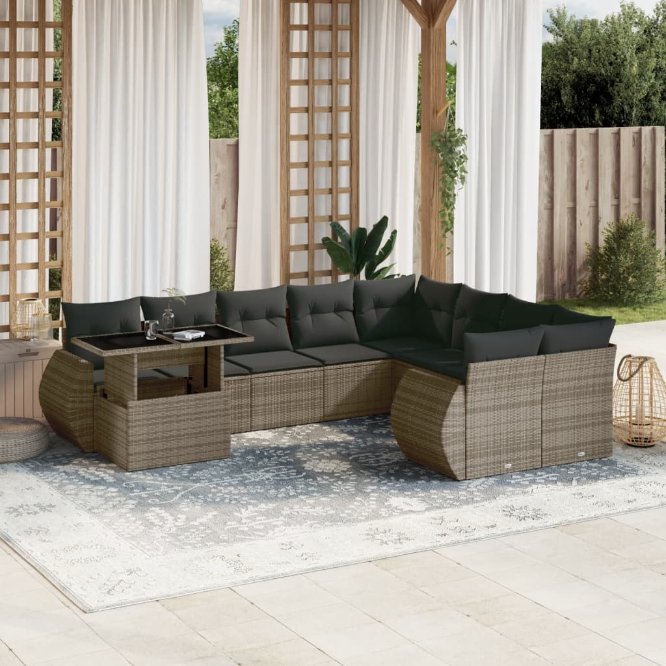 vidaXL 10-tlg. Garten-Sofagarnitur mit Kissen Schwarz Poly Rattan