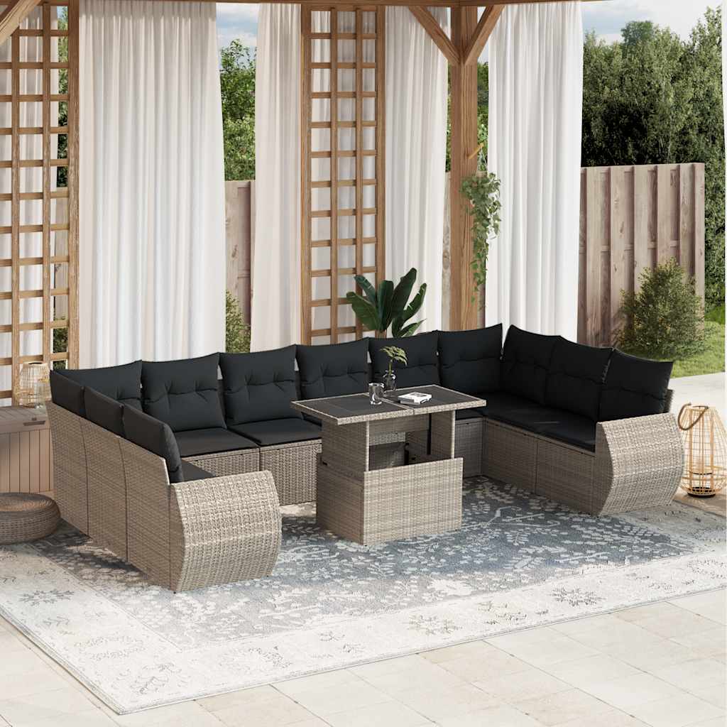 vidaXL 11-tlg. Garten-Sofagarnitur mit Kissen Schwarz Poly Rattan